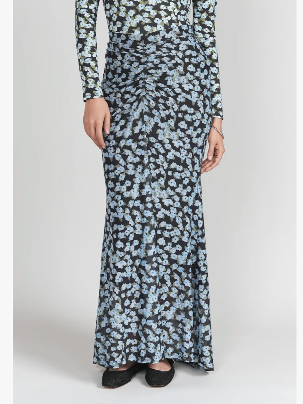 ADINA LAS VEGAS Ruched Front Skirt- Blue Floral Chiffon